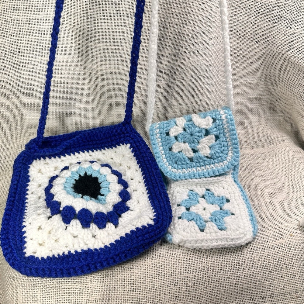 Hand Crocheted Purse Lot Evil Eye Granny Square Boho Crossbody Handmade